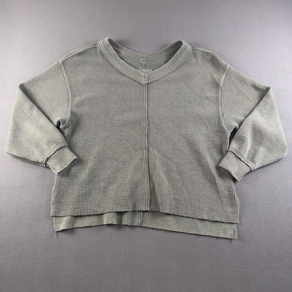 Aerie Waffle Knit V-Neck Pullover Sage Green Raw Hem Oversized XS